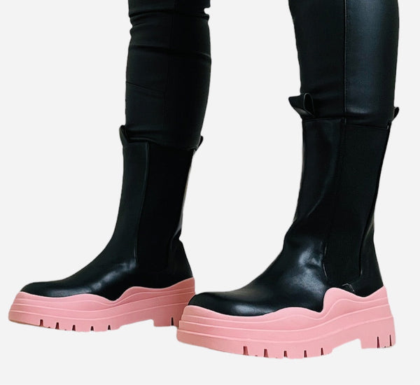 Colorblock Platform Chelsea Tire Sole Boots - Pink