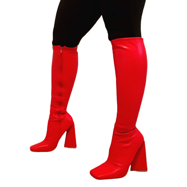 Chunky Heel Knee High Boots - Red
