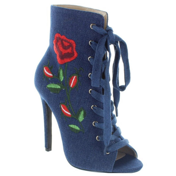 FINAL SALE - Denim Embroidered Lace Up Ankle Boot