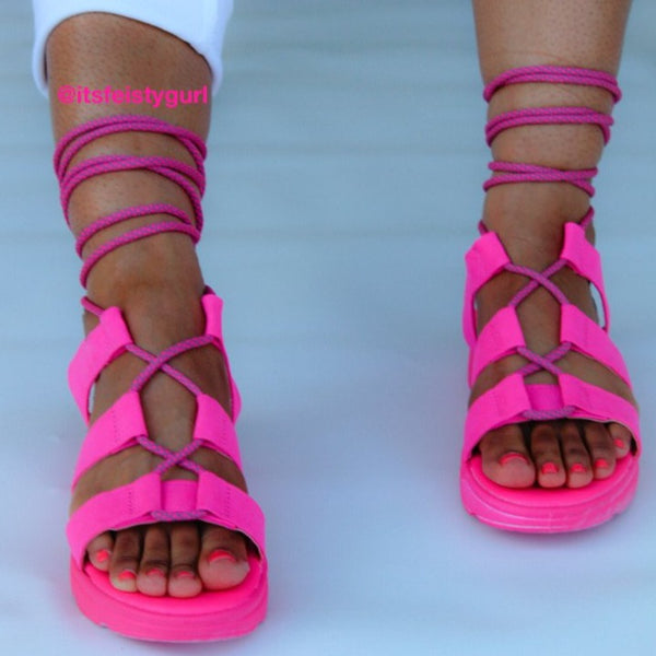 Pink Lace Up Gladiator Sandal