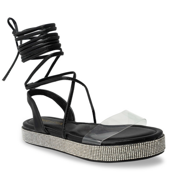 Bling Lace Up Wedge Sandals - Black