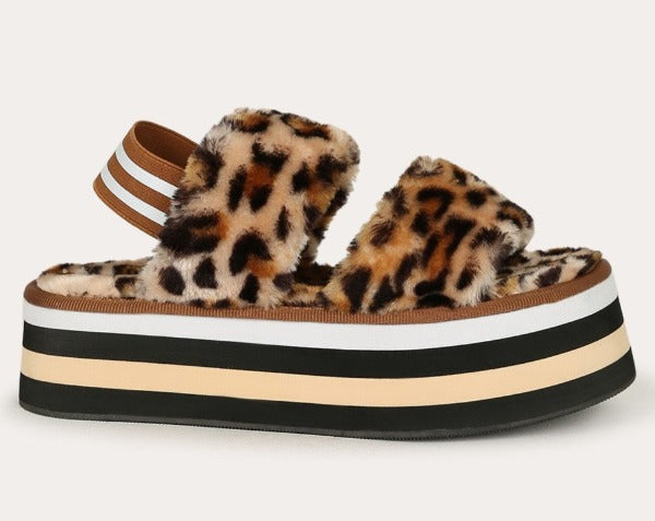 Leopard Print Fur Sport Platform Sandals