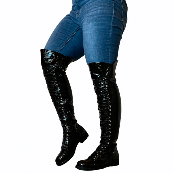 FINAL SALE - Black Croco Thigh High Lace Up Combat Boots