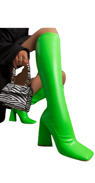Chunky Heel Knee High Boots - Lime