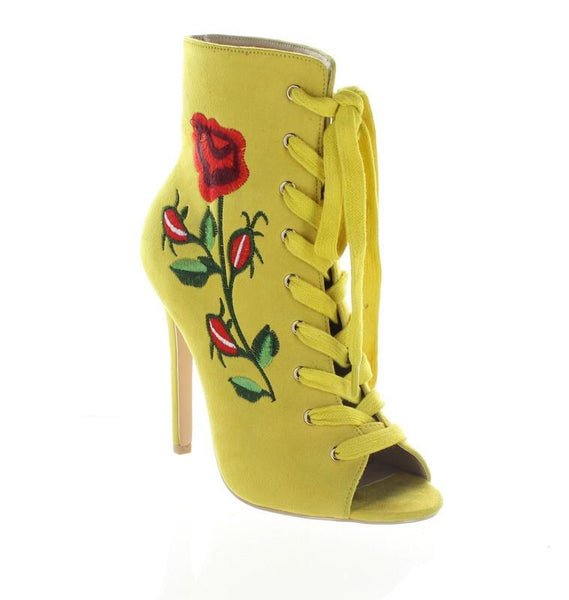 FINAL SALE - Yellow Embroidered Lace Up Ankle Boot